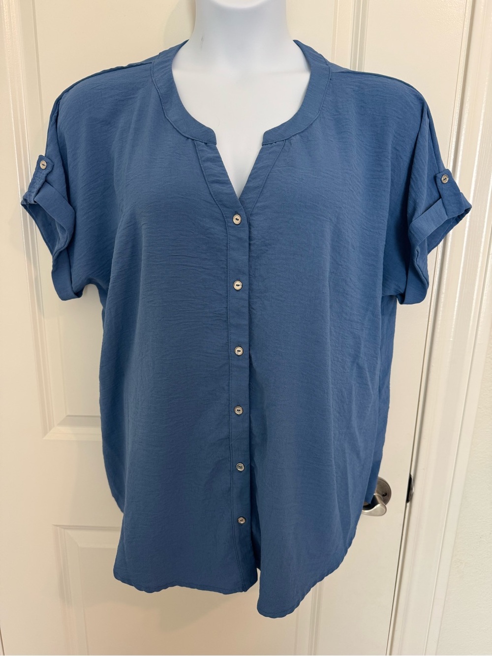 Blue Button-Front Short Sleeve Women's Top